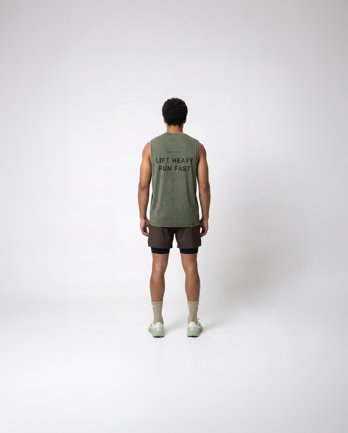 Lift Heavy Run Fast Tank Top Khaki - Model Back — View 3