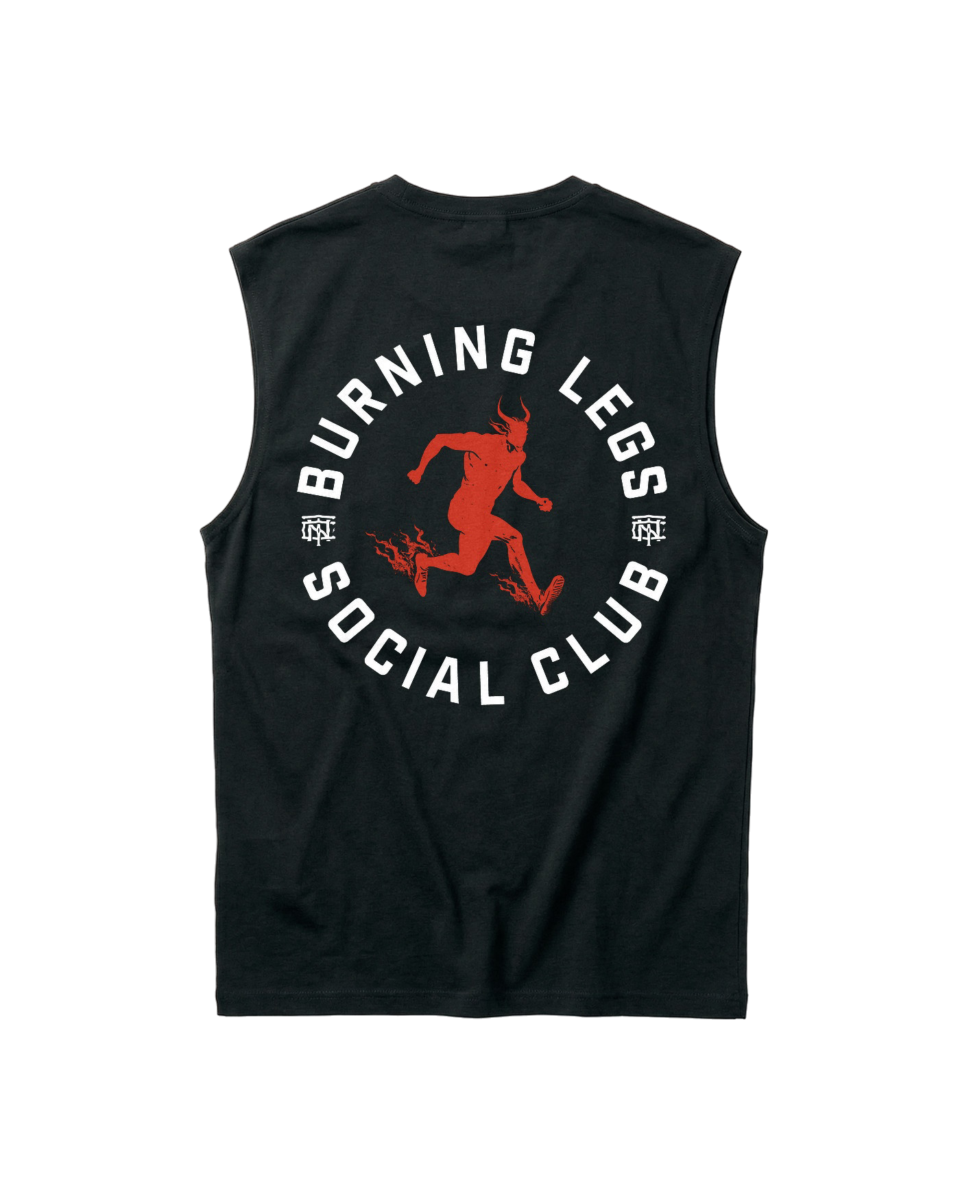 Burning Legs Social Club Tank Top Black — back print, red running devil — View 1