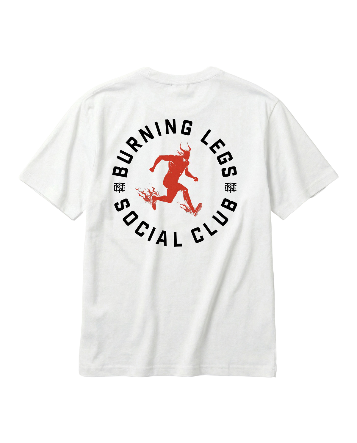 Burning Legs Social Club Oversize T-Shirt White — back print, red running devil — View 1