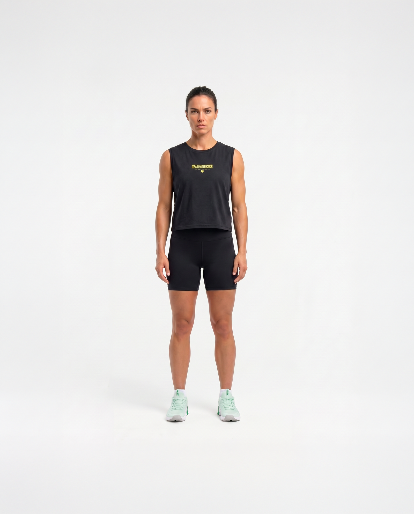 Train With Honor Cropped Tank Top Washed Grey - Model Front — View 2