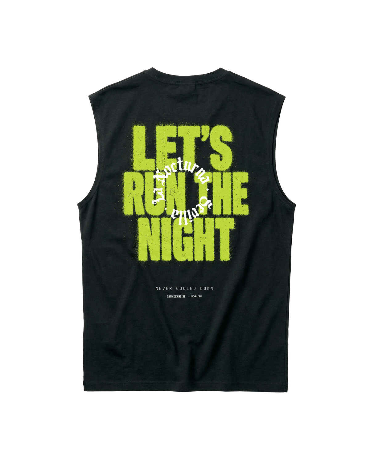 Let's Run the Night tank top in black — back with LET'S RUN THE NIGHT sprayed in electric lime around the La Nocturna Sevilla seal — View 1