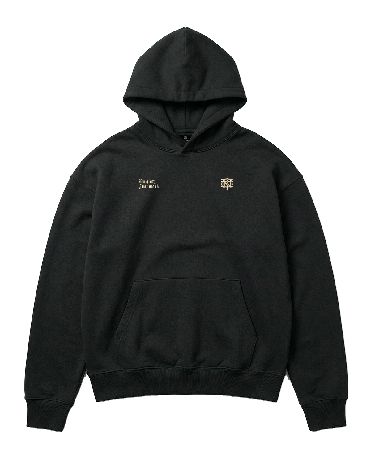 No Glory Just Work oversize hoodie in black — front with the left-chest NO GLORY JUST WORK wordmark and the right-chest Thundernoise monogram in sand — View 5