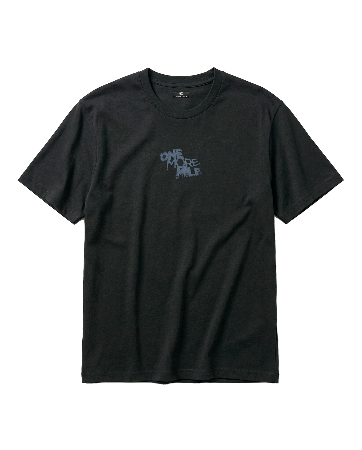 One More Mile t-shirt in black — front with the ONE MORE MILE graffiti mark at the chest in slate blue — View 5