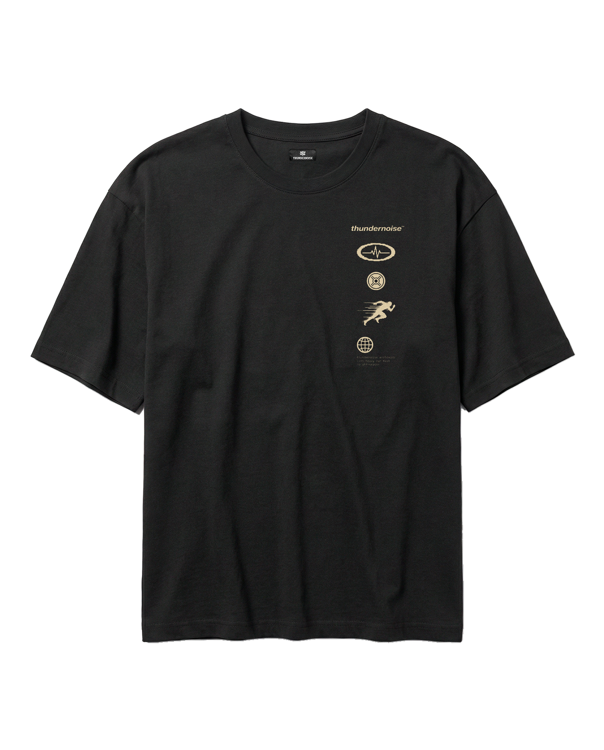 Strong Enough to Run oversize t-shirt in black — front with the right-chest column of pulse, plate, sprinter and globe markers — View 5
