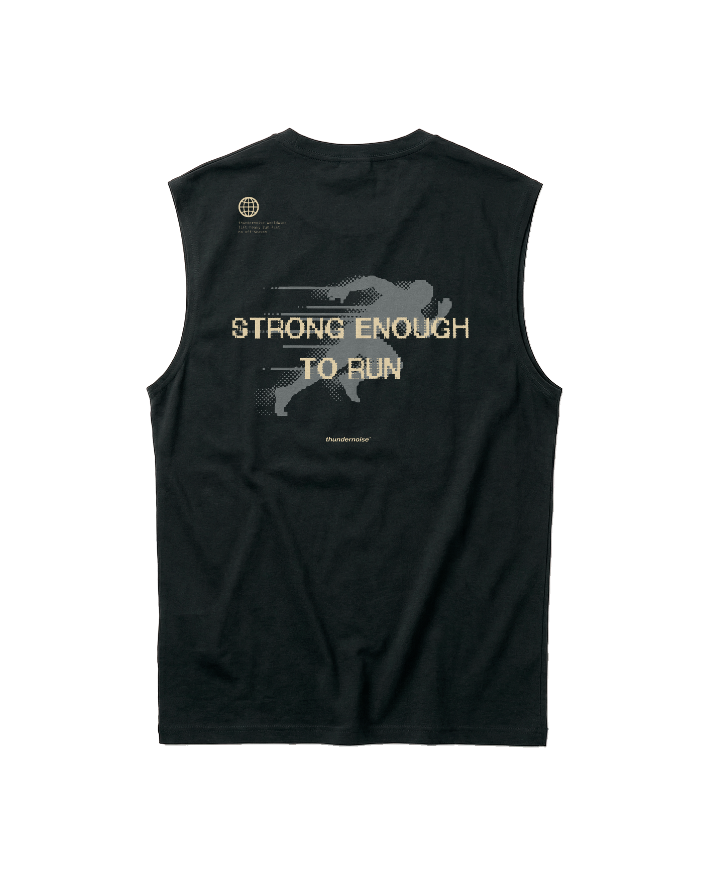 Strong Enough to Run tank top in black — back print reading STRONG ENOUGH TO RUN over a halftone runner in sand and grey — View 1