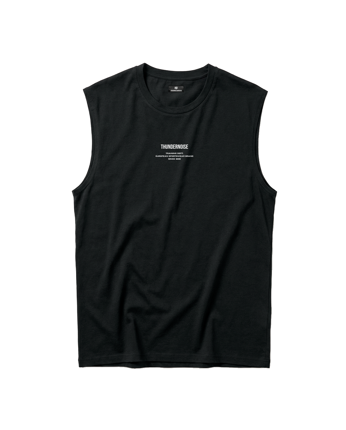 Today Was My Rest Day tank top in black — front with the compact Thundernoise chest mark in white — View 5