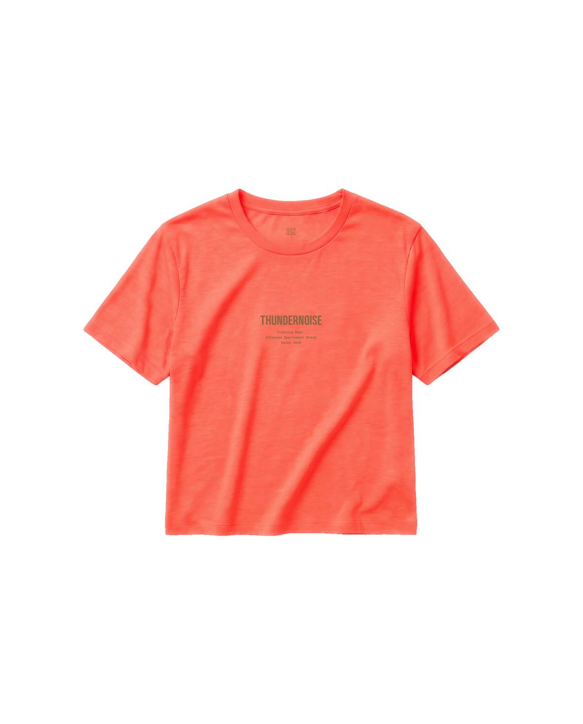 Training Dept. triblend cropped t-shirt in coral — front with the THUNDERNOISE wordmark over the Training Dept. line at the chest — View 6