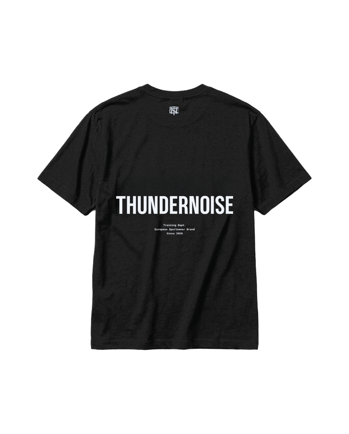 Training Dept. triblend t-shirt in black — back with the TN monogram at the neck and a large THUNDERNOISE wordmark — View 1