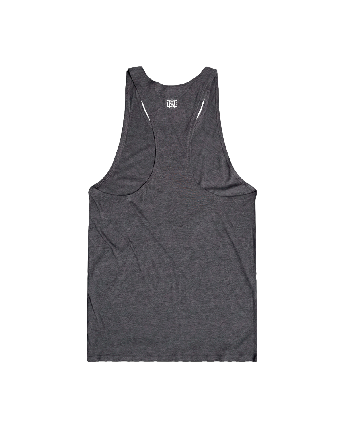 Training Dept. triblend tank top in dark grey heather — open back with the TN monogram at the neck — View 5
