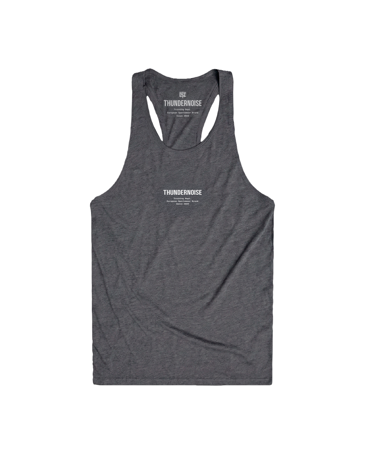 Training Dept. triblend tank top in dark grey heather — front with the THUNDERNOISE wordmark over the Training Dept. line at the chest — View 1