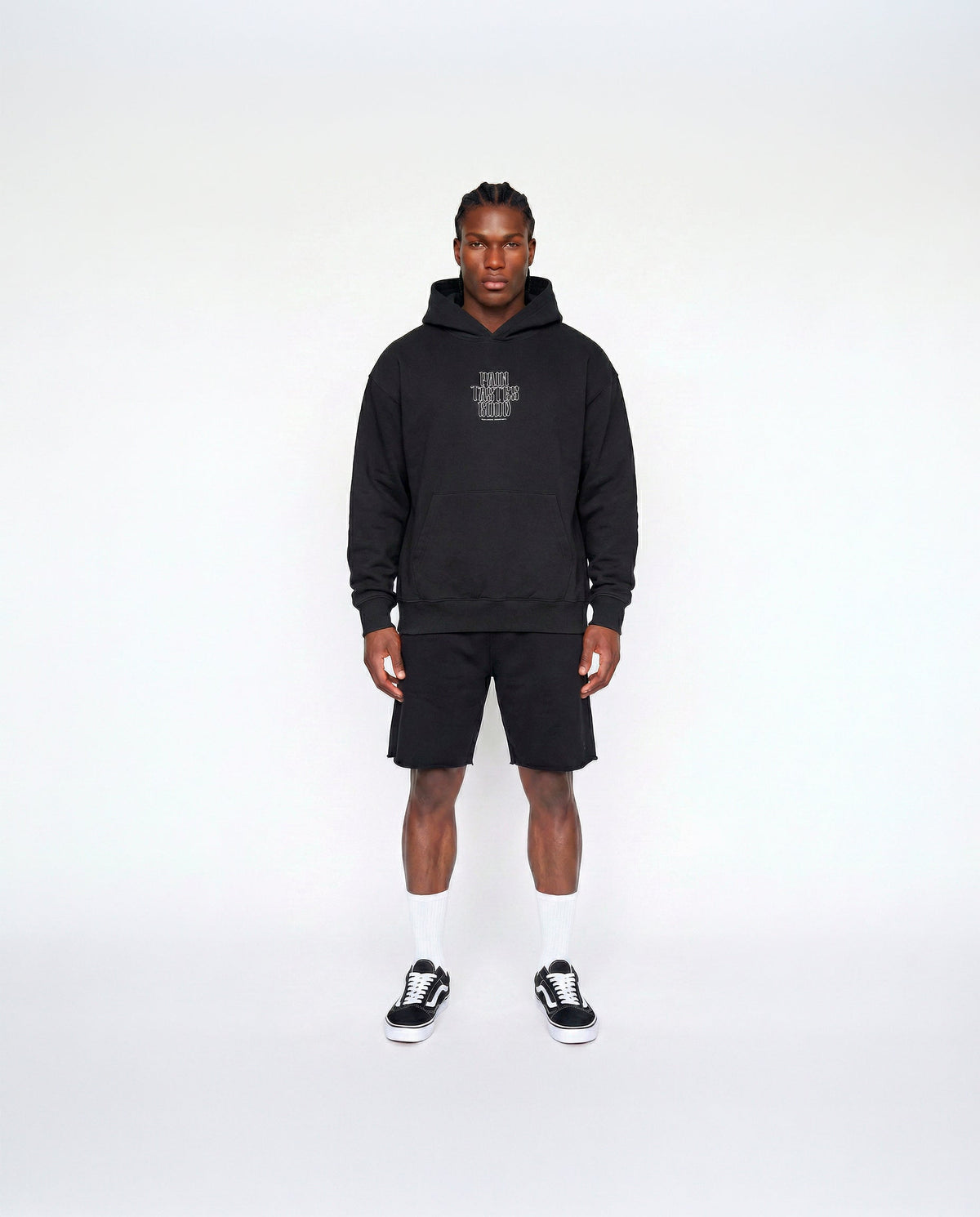 Pain Tastes Good Oversize Hoodie Black - Model Front — View 5
