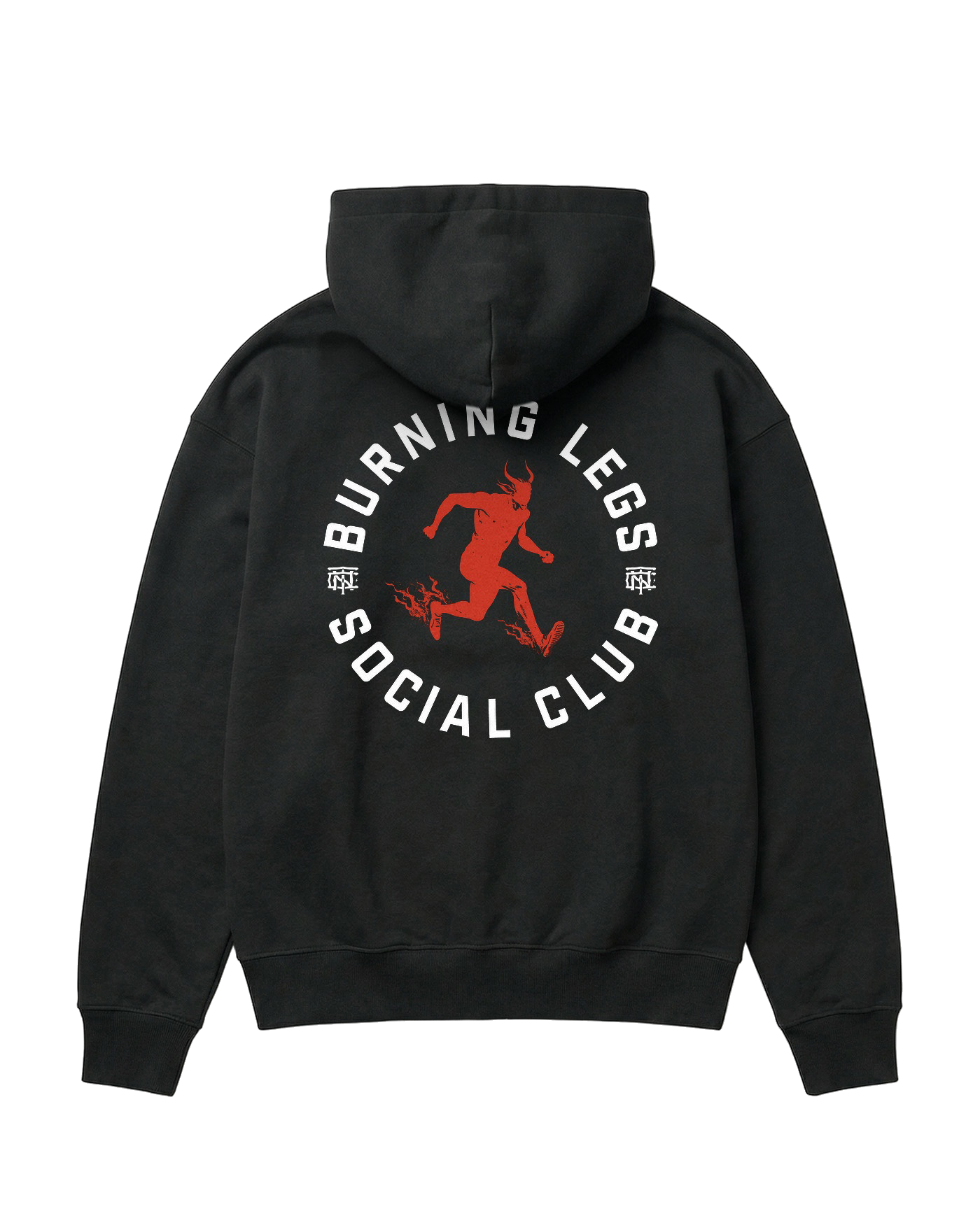 Burning Legs Social Club Oversize Hoodie Black — back print, red running devil