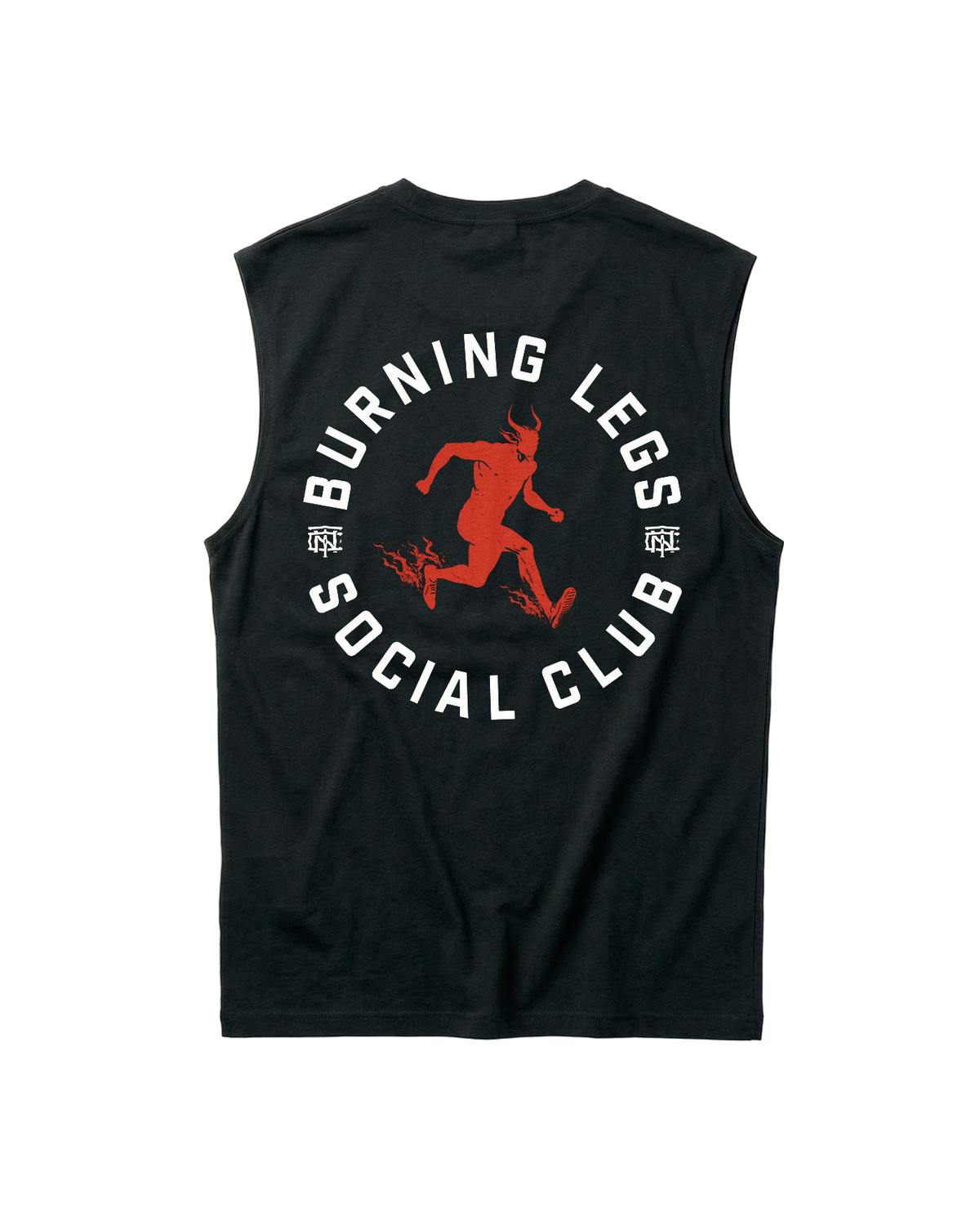 Burning Legs Social Club Tank Top Black — back print, red running devil — View 1
