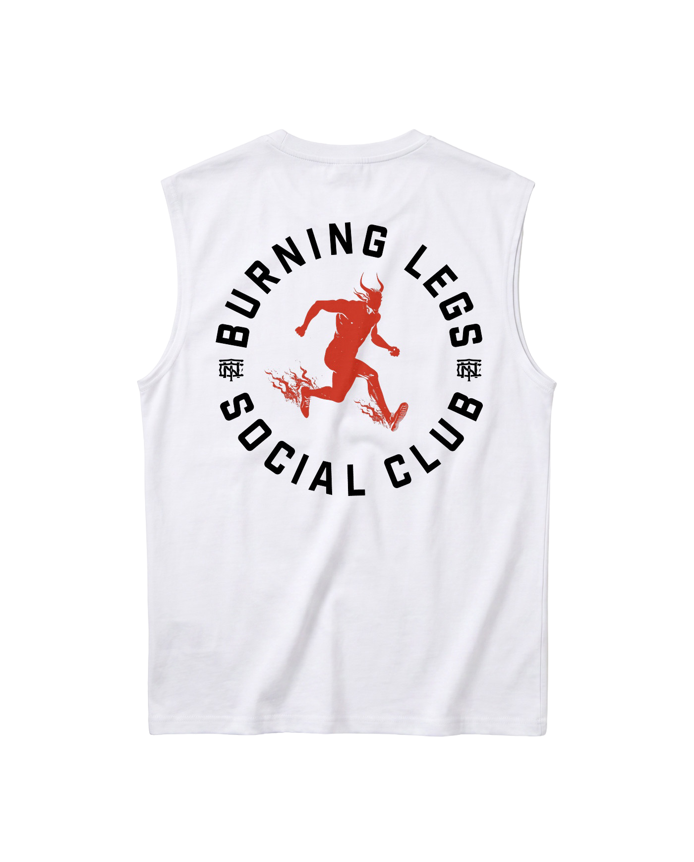 Burning Legs Social Club Tank Top White — back print, red running devil