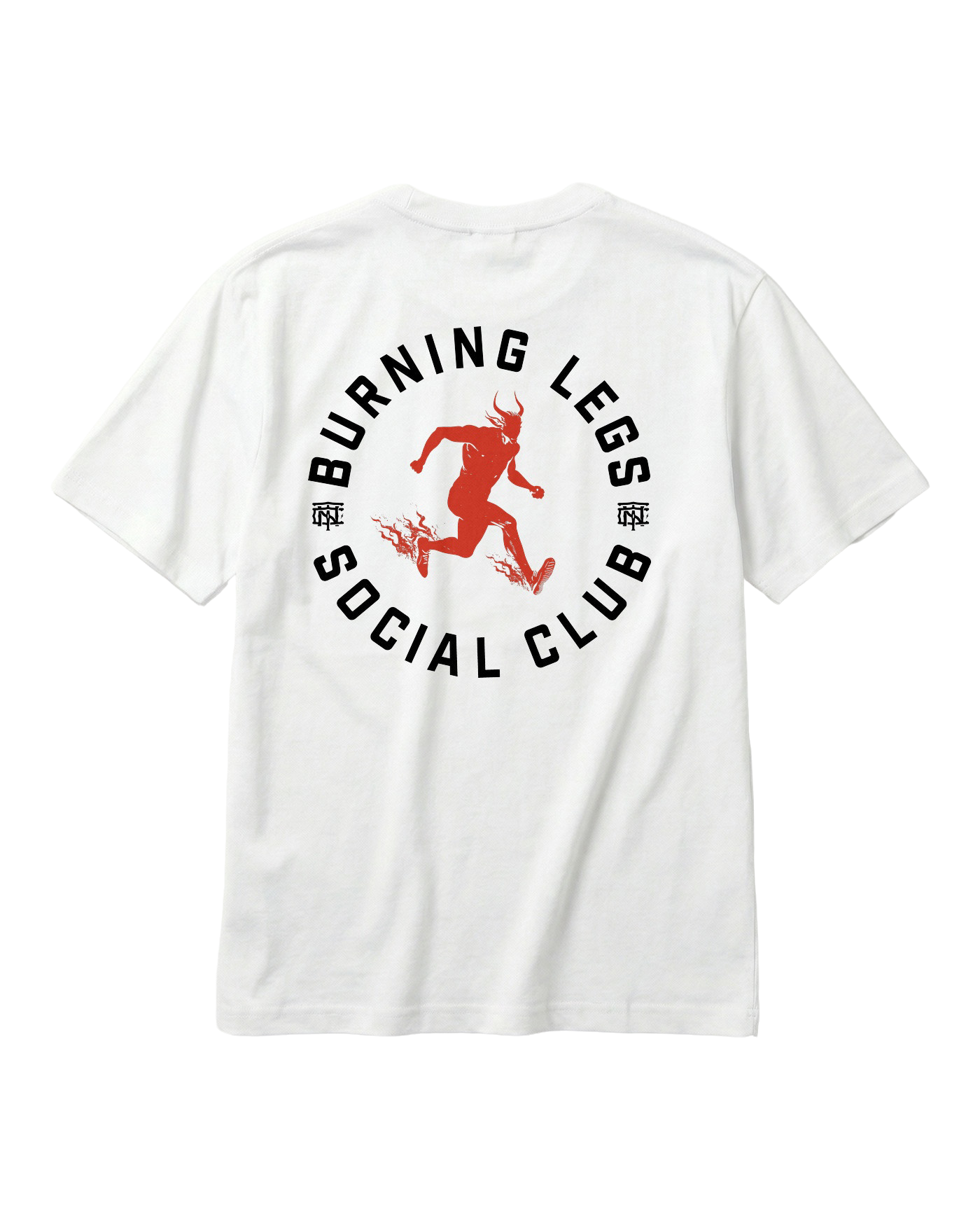 Burning Legs Social Club Oversize T-Shirt White — back print, red running devil — View 1
