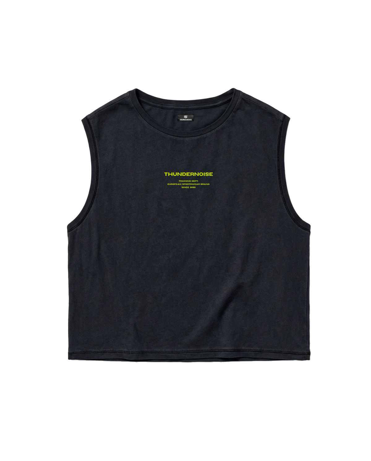 Brick by Brick cropped tank top in black — front with the THUNDERNOISE TRAINING DEPT block centred on the chest in lime green — View 5
