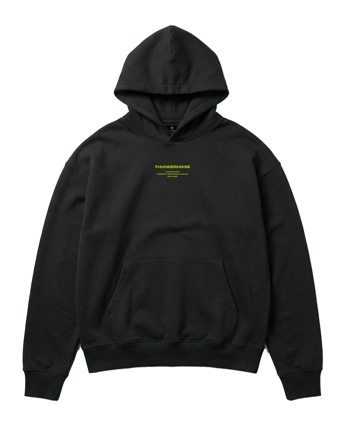 Brick by Brick oversize hoodie in black — front with the THUNDERNOISE TRAINING DEPT block centred on the chest in lime green — View 5
