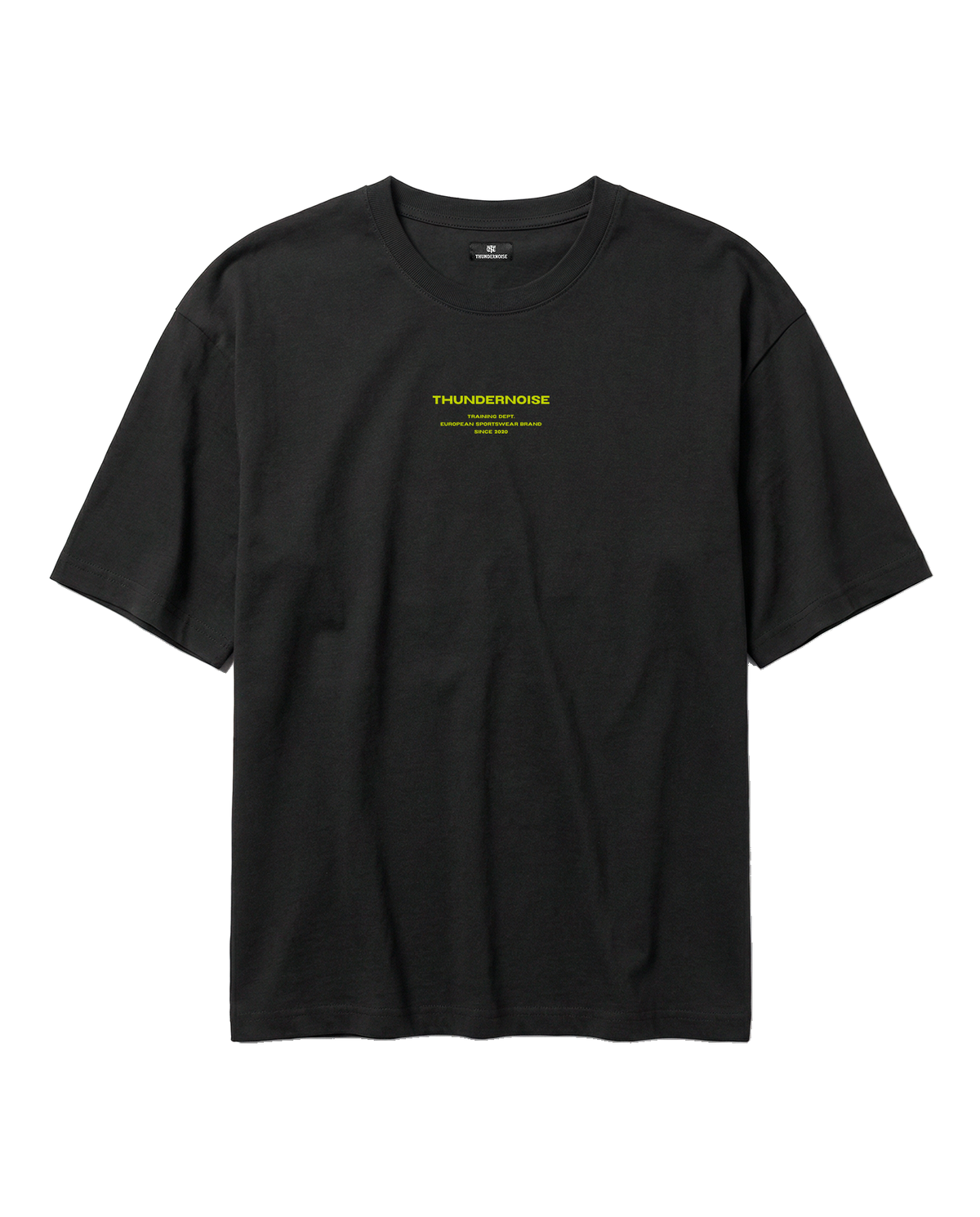 Brick by Brick oversize t-shirt in black — front with the THUNDERNOISE TRAINING DEPT block centred on the chest in lime green — View 5

