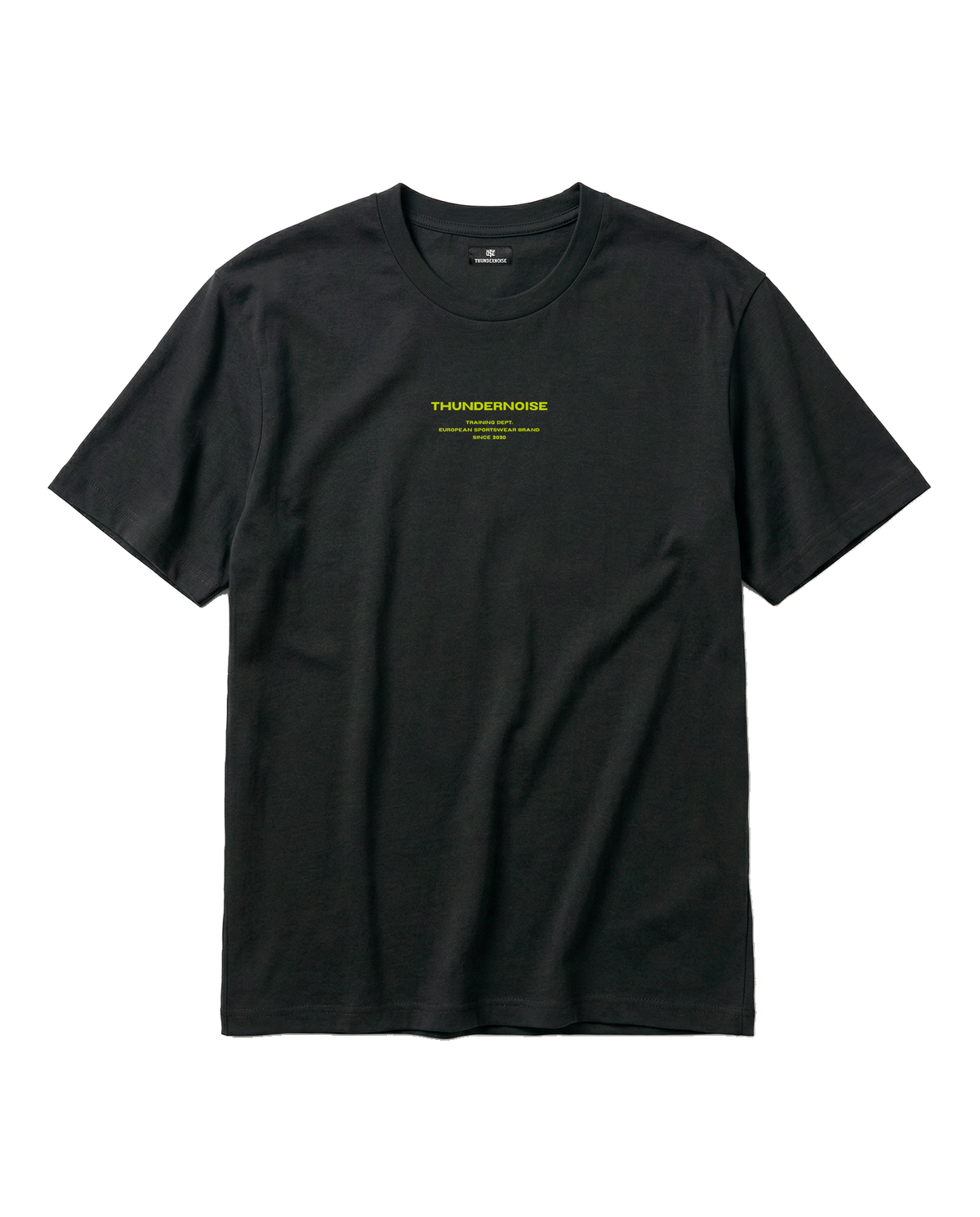 Brick by Brick t-shirt in black — front with the THUNDERNOISE TRAINING DEPT block centred on the chest in lime green — View 5
