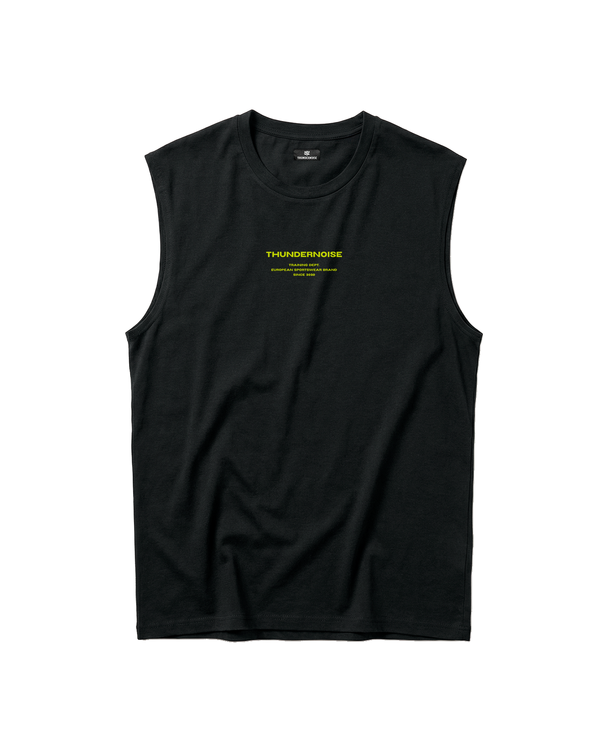 Brick by Brick tank top in black — front with the THUNDERNOISE TRAINING DEPT block centred on the chest in lime green — View 5
