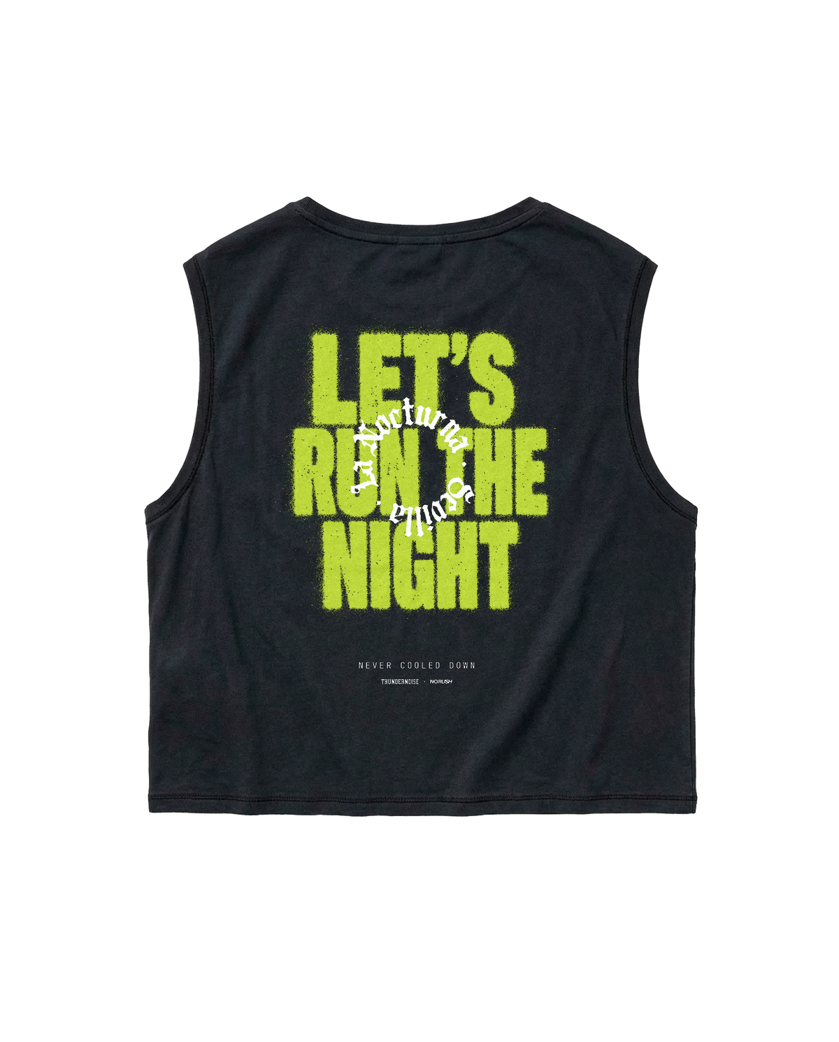 Let's Run the Night cropped tank top in black — back with LET'S RUN THE NIGHT sprayed in electric lime around the La Nocturna Sevilla seal — View 1
