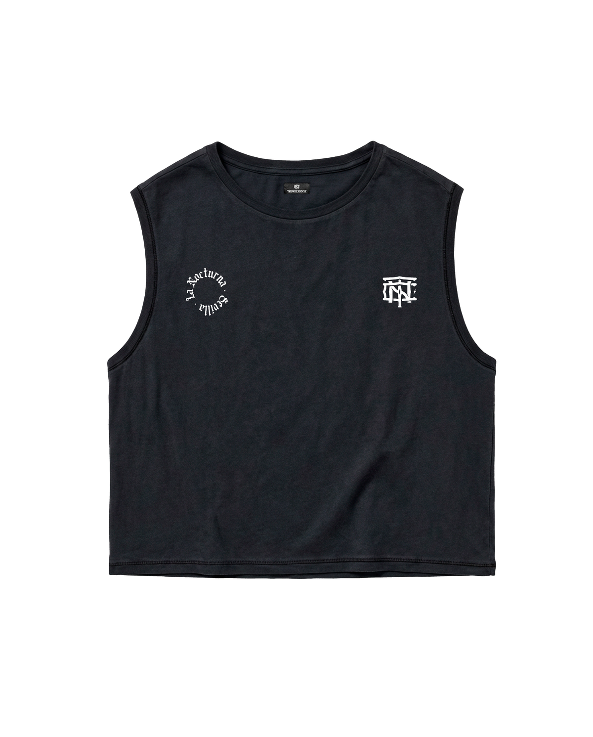 Let's Run the Night cropped tank top in black — front with the La Nocturna Sevilla seal and the TN monogram in white — View 8
