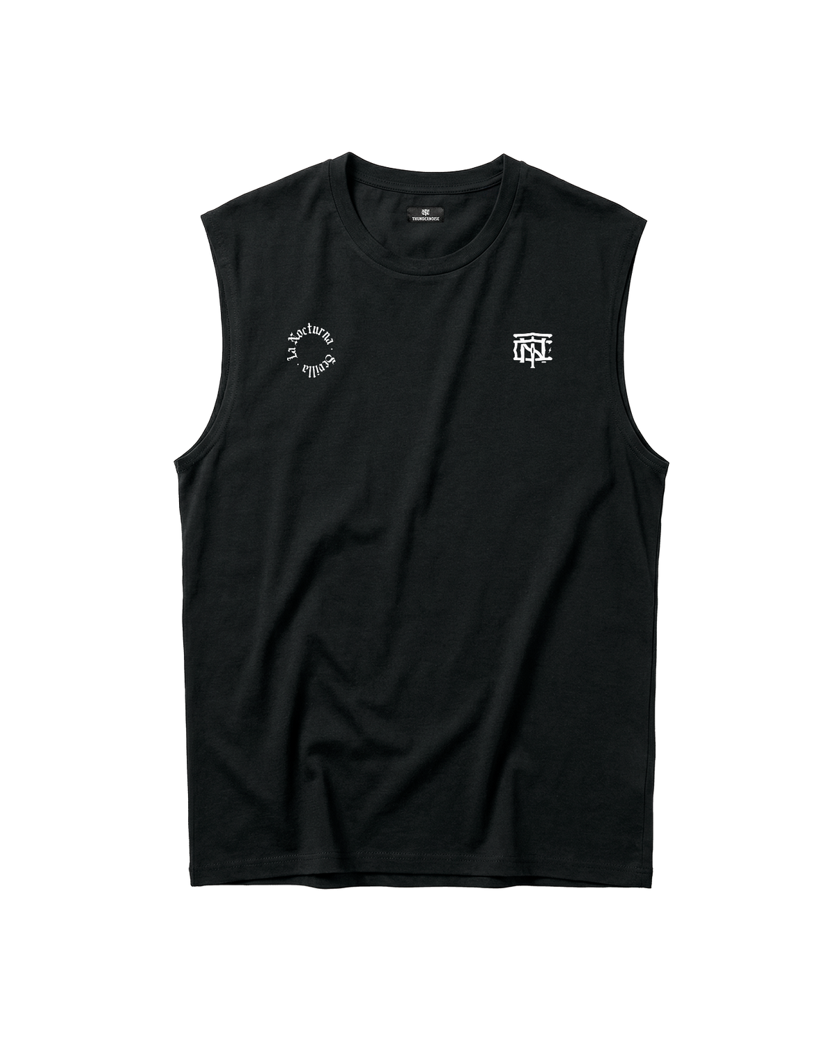 Let's Run the Night tank top in black — front with the La Nocturna Sevilla seal and the TN monogram in white — View 8

