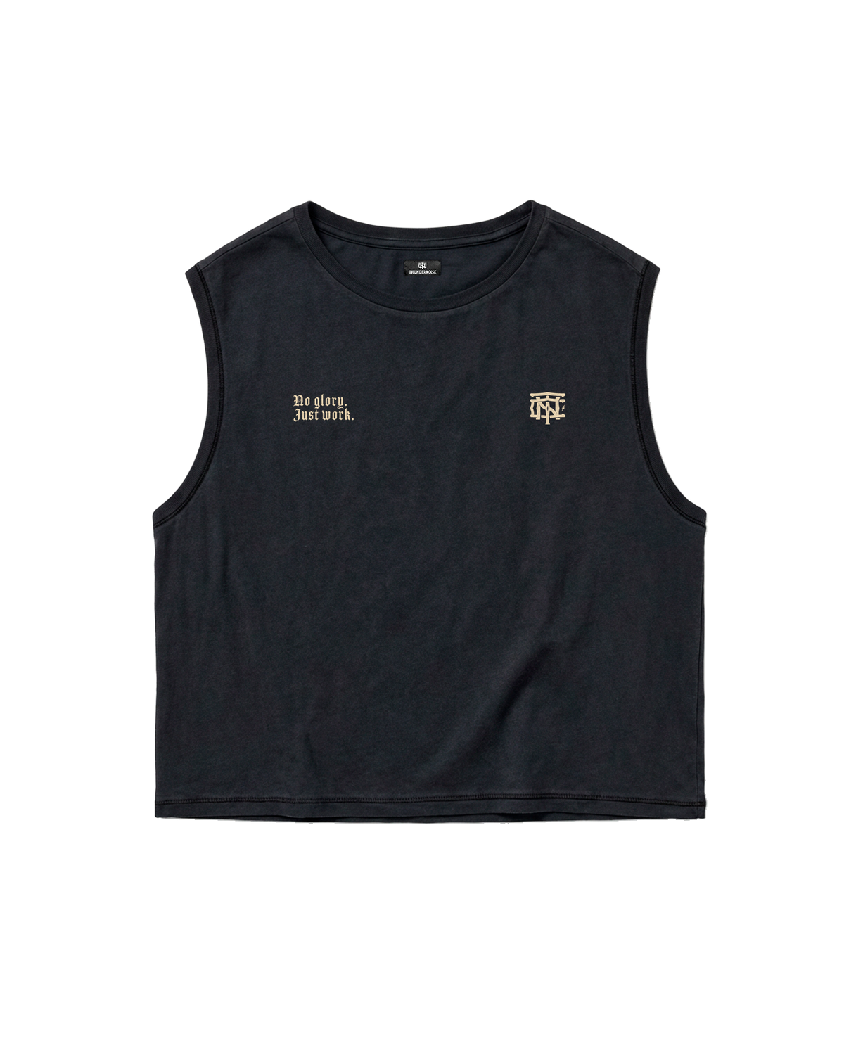 No Glory Just Work cropped tank top in black — front with the left-chest NO GLORY JUST WORK wordmark and the right-chest Thundernoise monogram in sand — View 5
