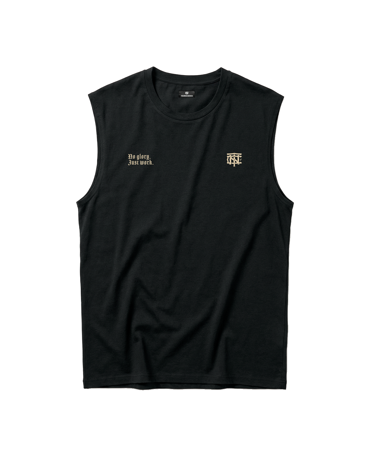 No Glory Just Work tank top in black — front with the left-chest NO GLORY JUST WORK wordmark and the right-chest Thundernoise monogram in sand — View 5
