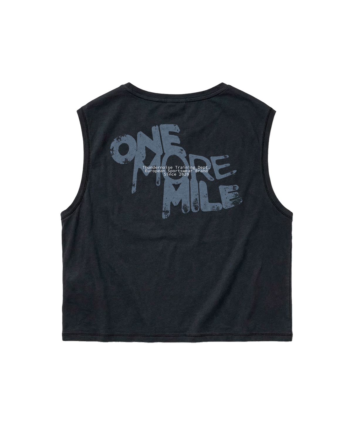 One More Mile cropped tank top in black — back with the dripping ONE MORE MILE graffiti print in slate blue — View 1
