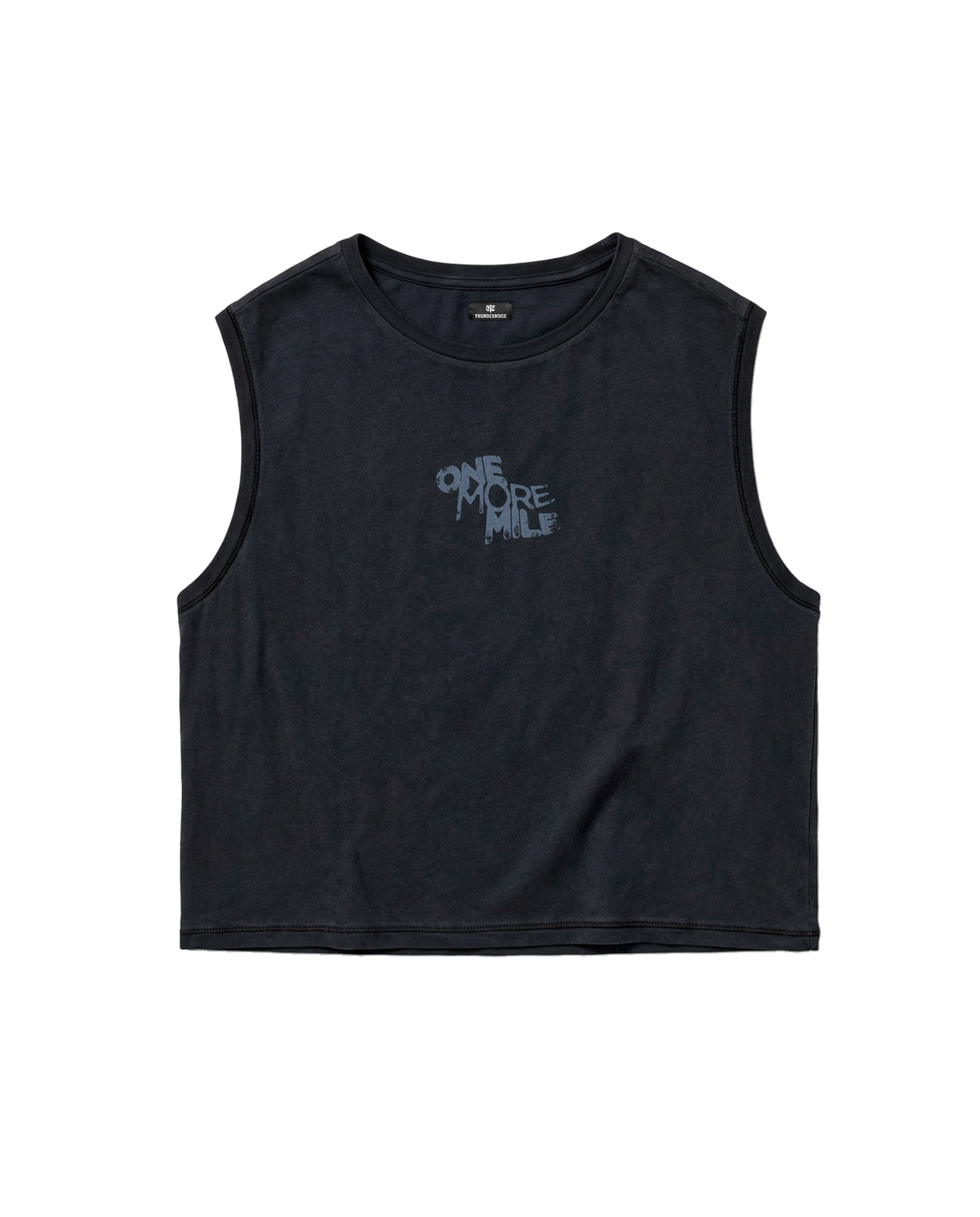 One More Mile cropped tank top in black — front with the ONE MORE MILE graffiti mark at the chest in slate blue — View 5
