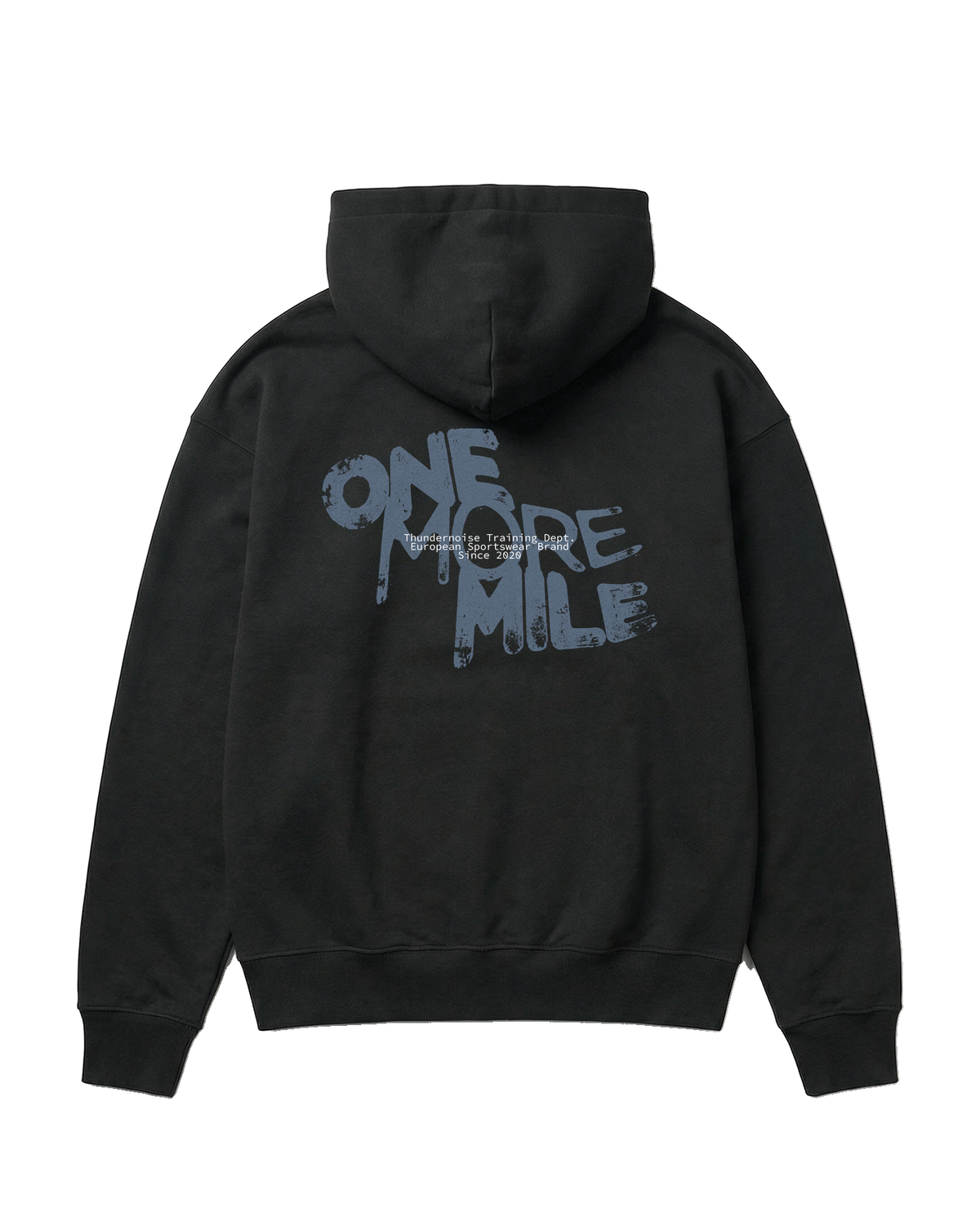 One More Mile oversize hoodie in black — back with the dripping ONE MORE MILE graffiti print in slate blue