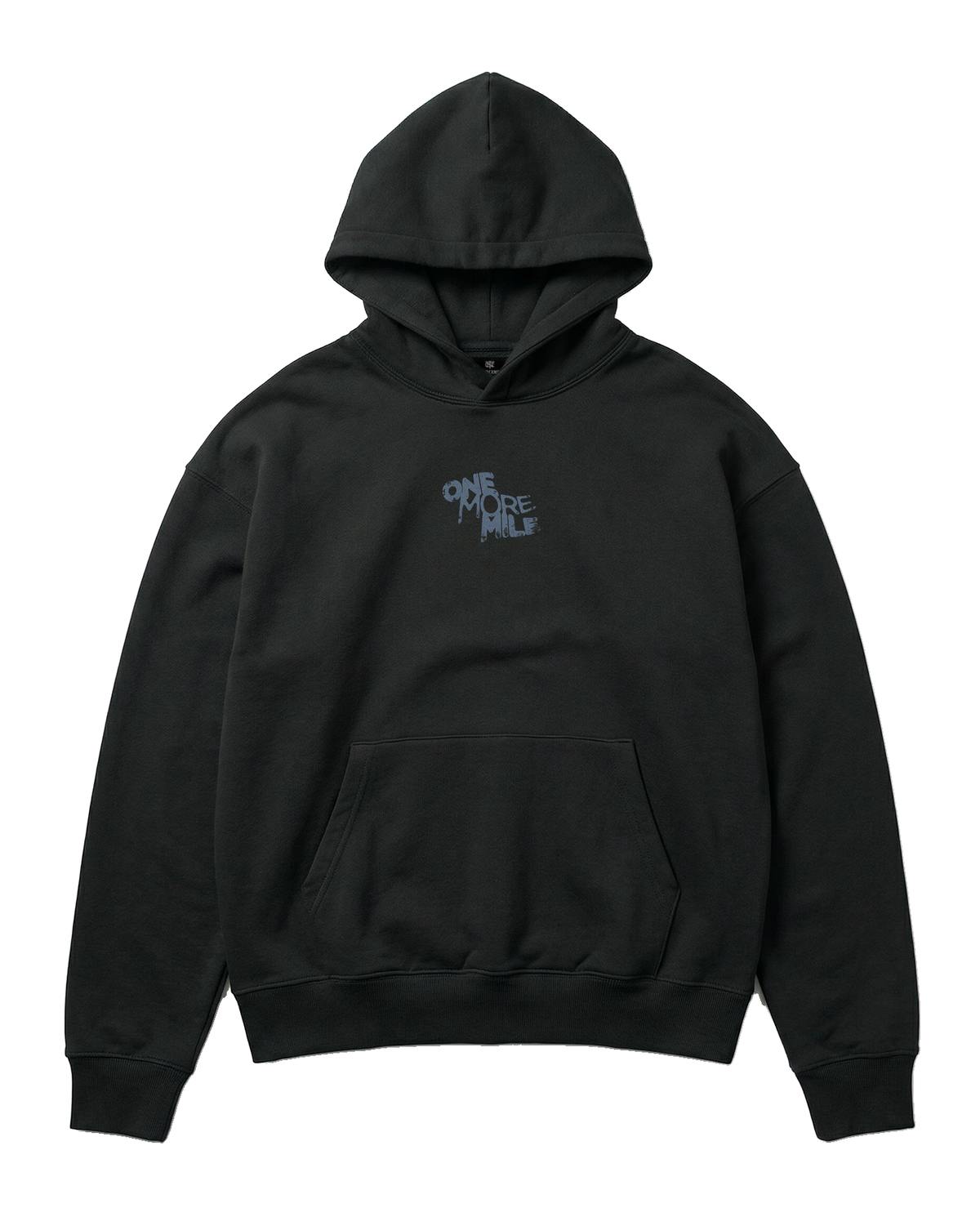 One More Mile oversize hoodie in black — front with the ONE MORE MILE graffiti mark at the chest in slate blue