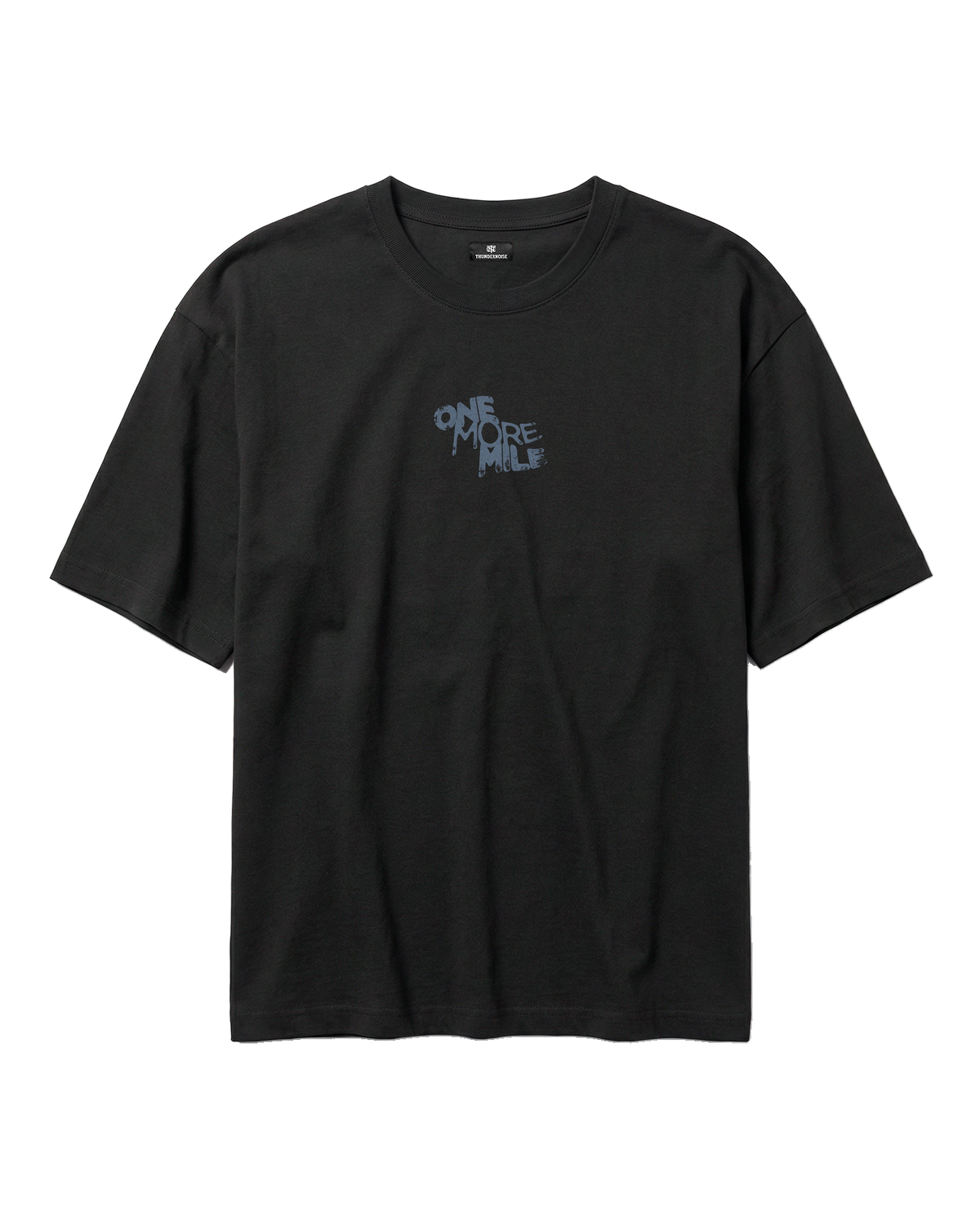 One More Mile oversize t-shirt in black — front with the ONE MORE MILE graffiti mark at the chest in slate blue