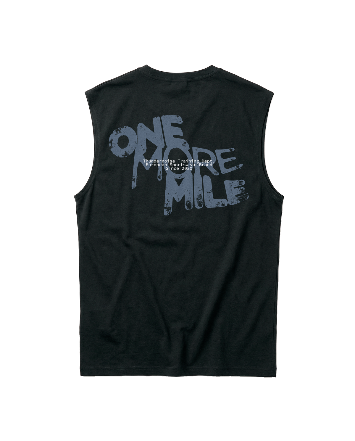 One More Mile tank top in black — back with the dripping ONE MORE MILE graffiti print in slate blue — View 1
