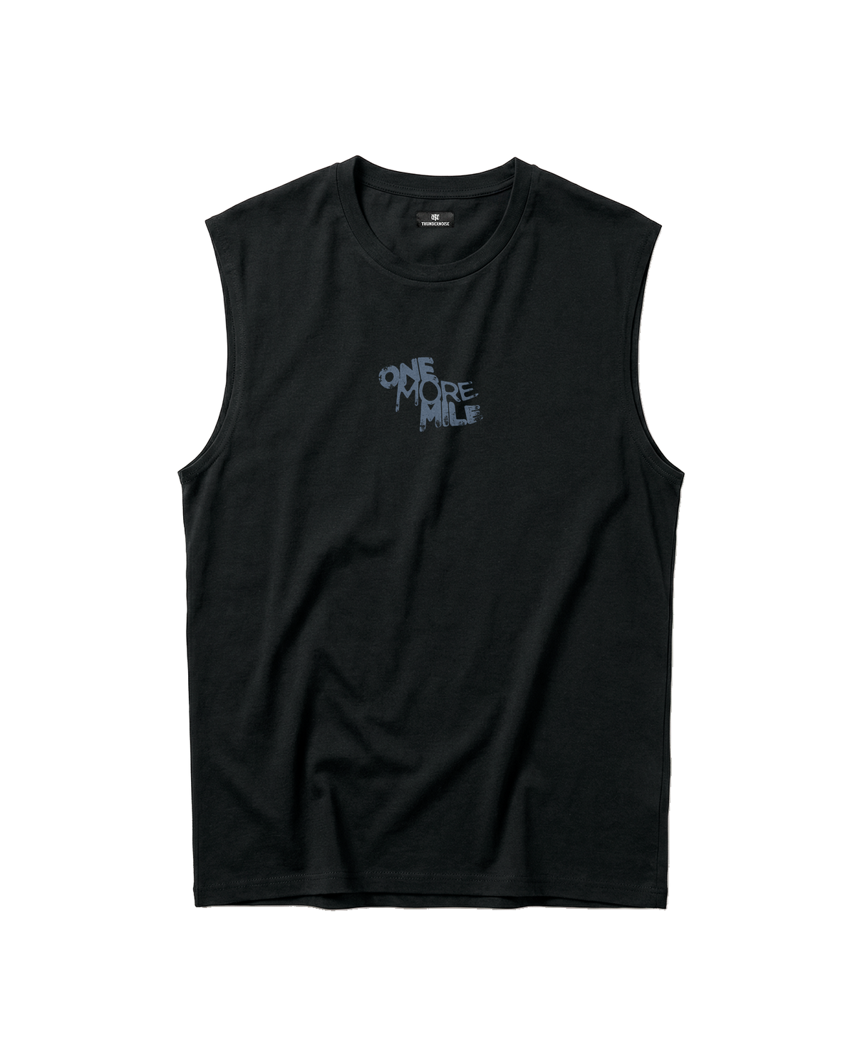One More Mile tank top in black — front with the ONE MORE MILE graffiti mark at the chest in slate blue — View 5
