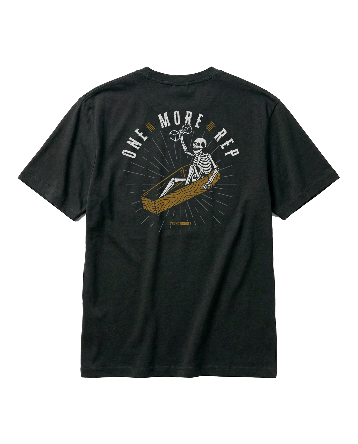 One More Rep t-shirt in black — back with the skeleton pressing one last dumbbell out of an open coffin under ONE MORE REP in bone white and gold — View 1
