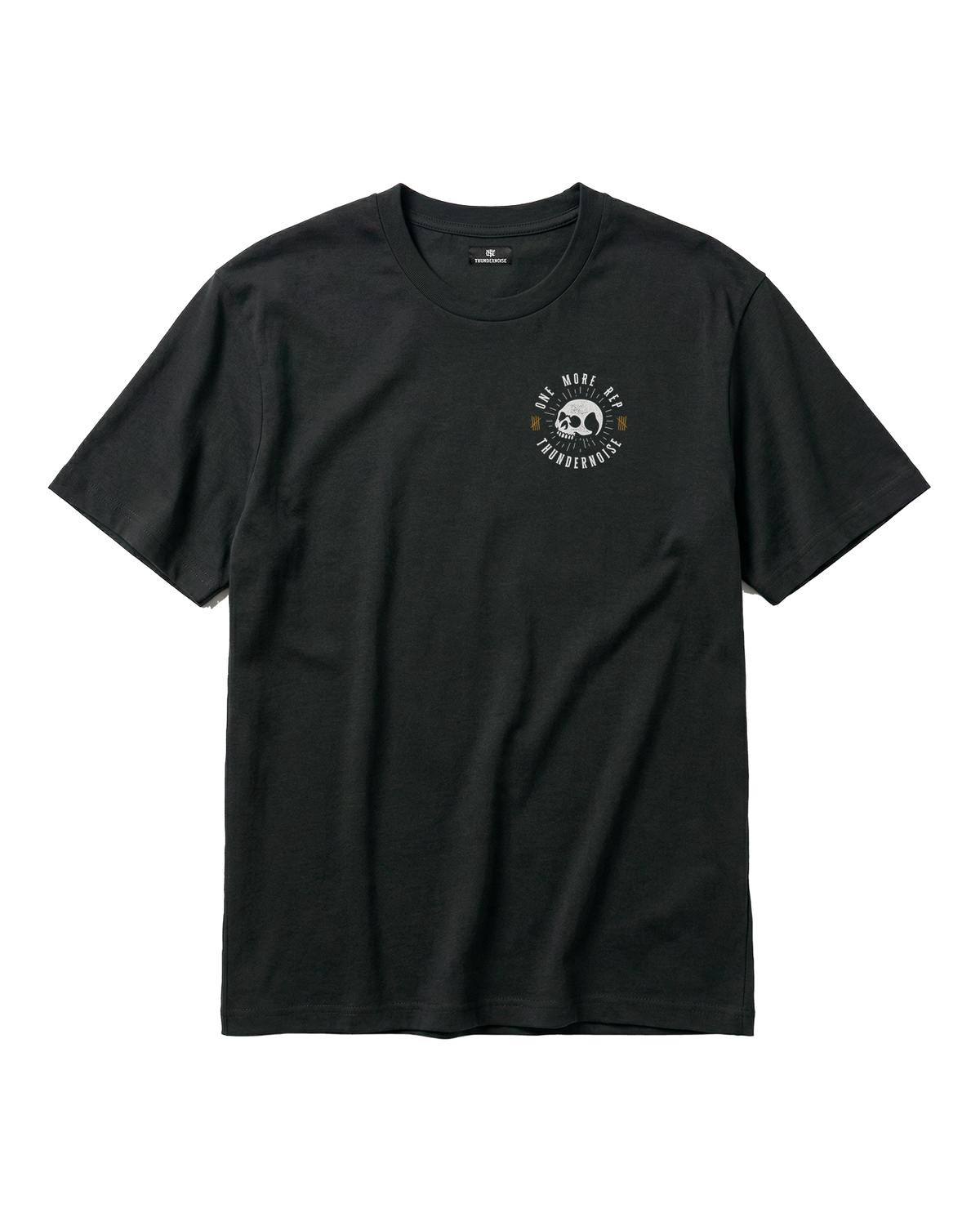 One More Rep t-shirt in black — front with the halftone skull seal ringed by ONE MORE REP at the chest — View 5
