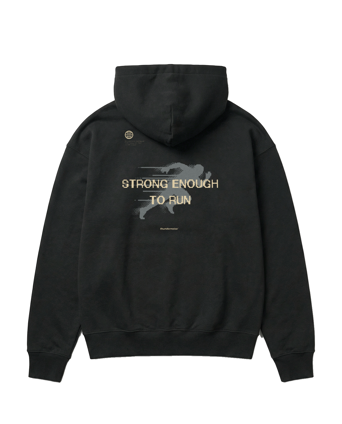 Strong Enough to Run oversize hoodie in black — back print reading STRONG ENOUGH TO RUN over a halftone runner in sand and grey