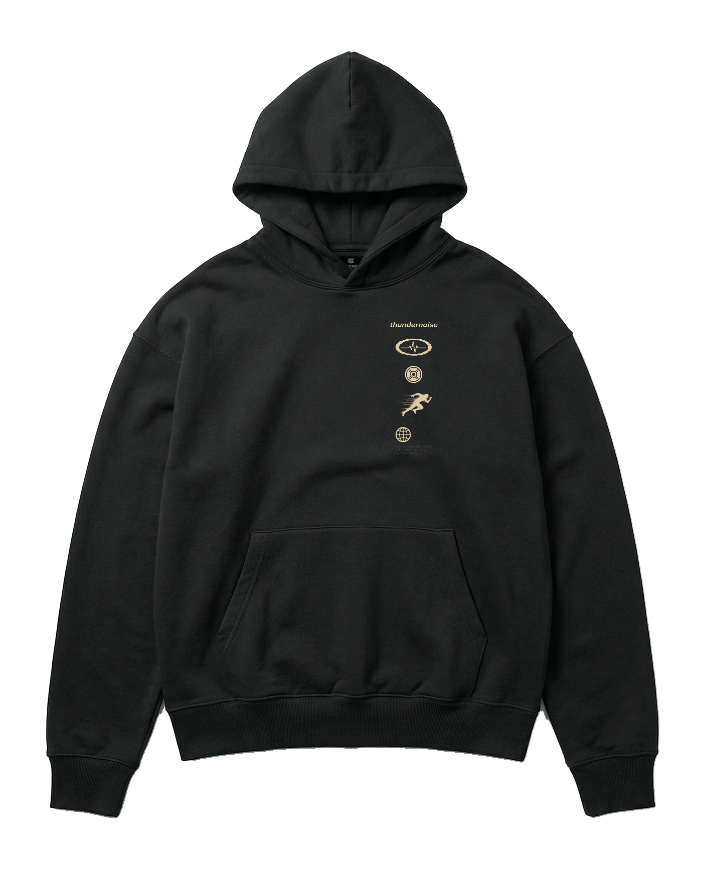 Strong Enough to Run oversize hoodie in black — front with the right-chest column of pulse, plate, sprinter and globe markers — View 5

