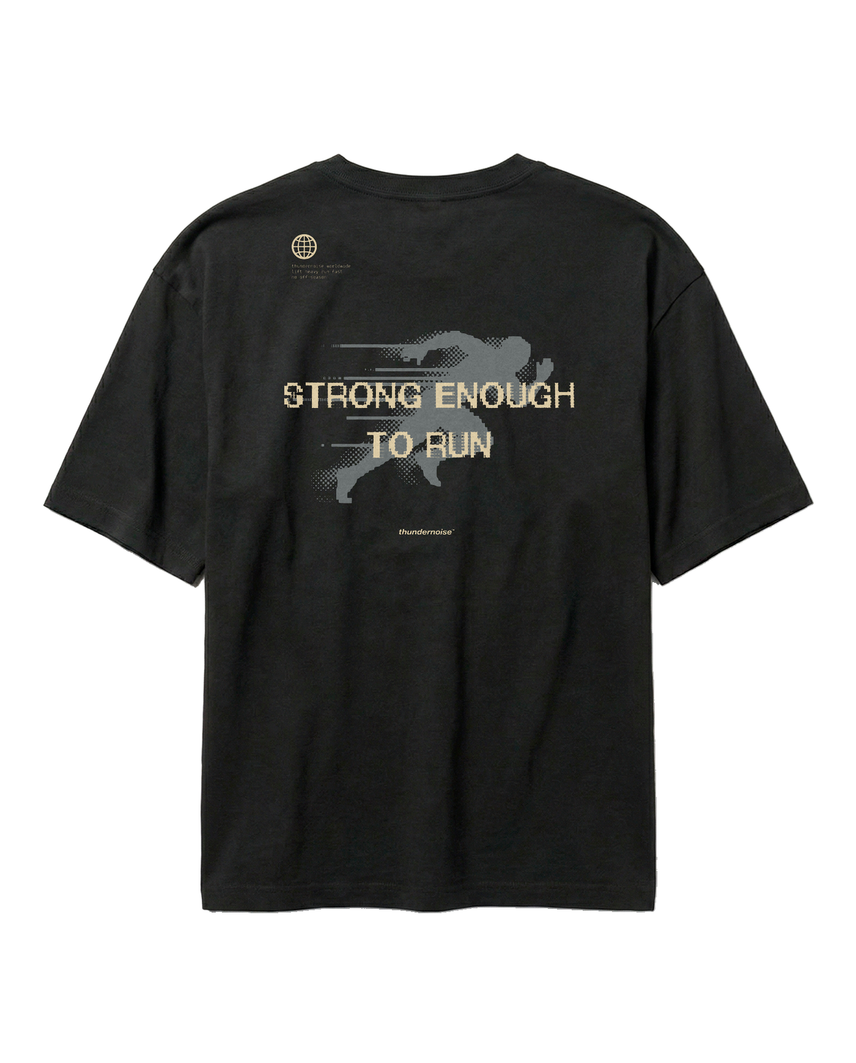 Strong Enough to Run oversize t-shirt in black — back print reading STRONG ENOUGH TO RUN over a halftone runner in sand and grey — View 1

