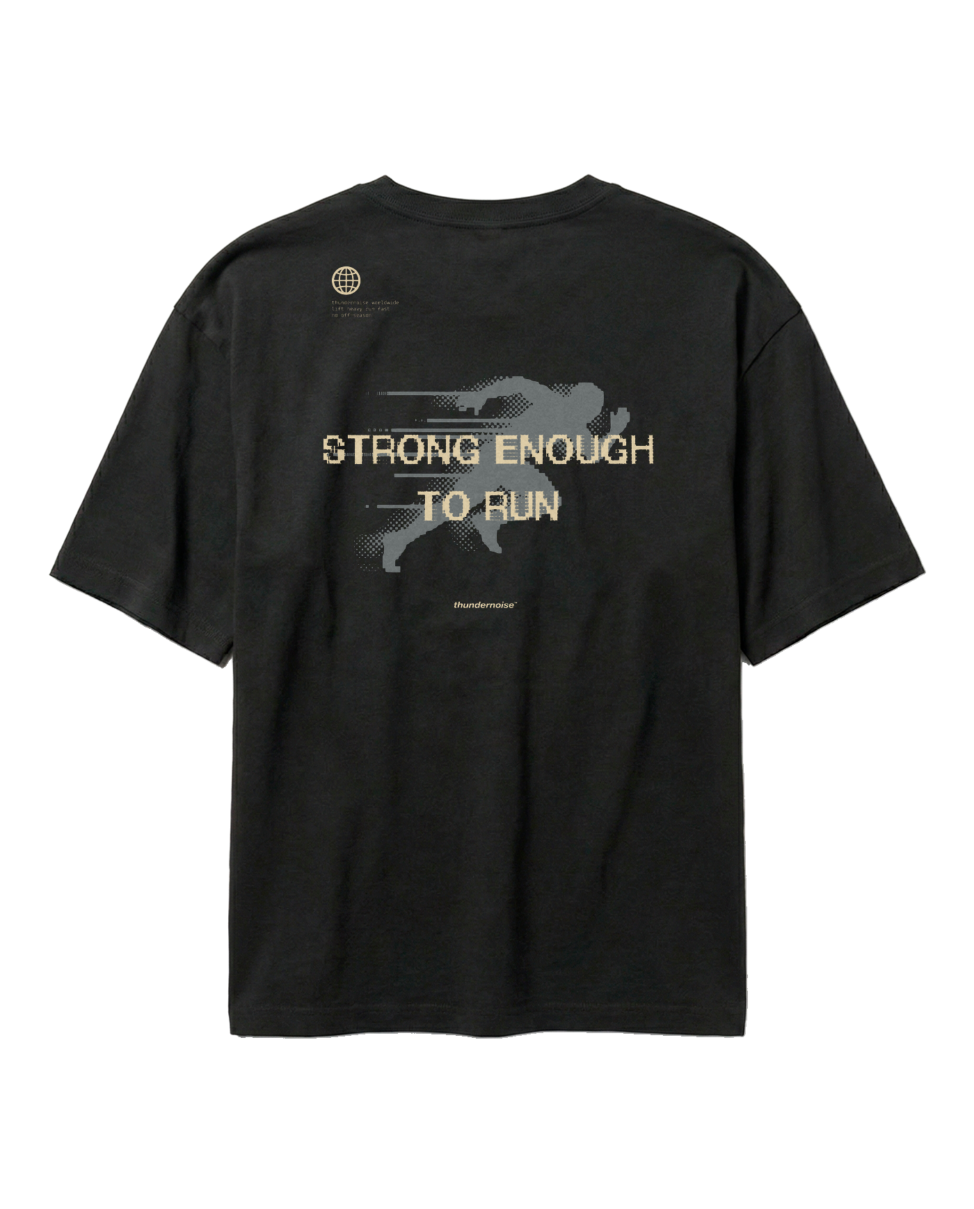 Strong Enough to Run oversize t-shirt in black — back print reading STRONG ENOUGH TO RUN over a halftone runner in sand and grey