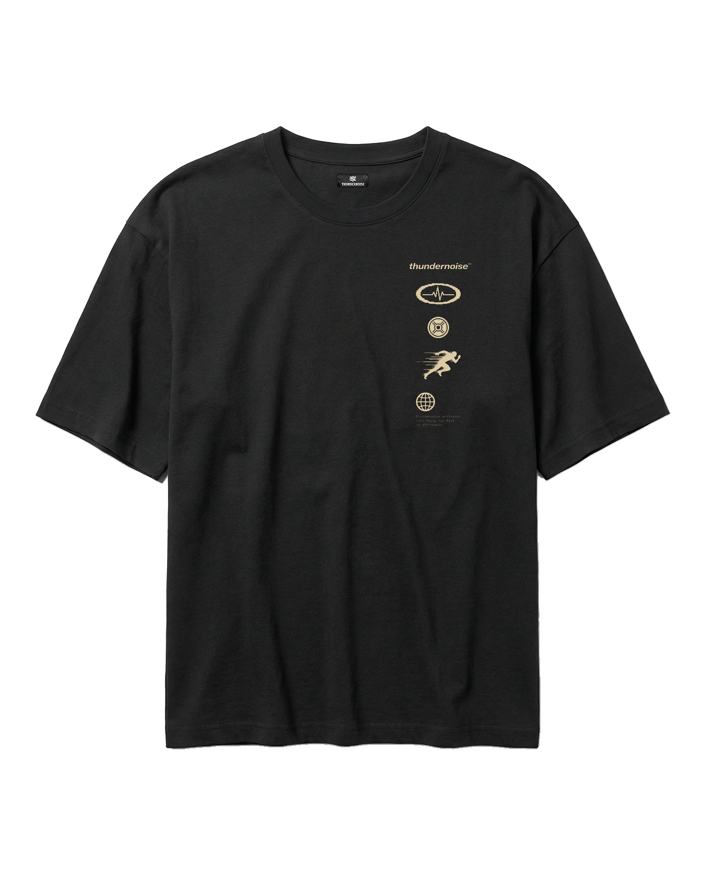Strong Enough to Run oversize t-shirt in black — front with the right-chest column of pulse, plate, sprinter and globe markers