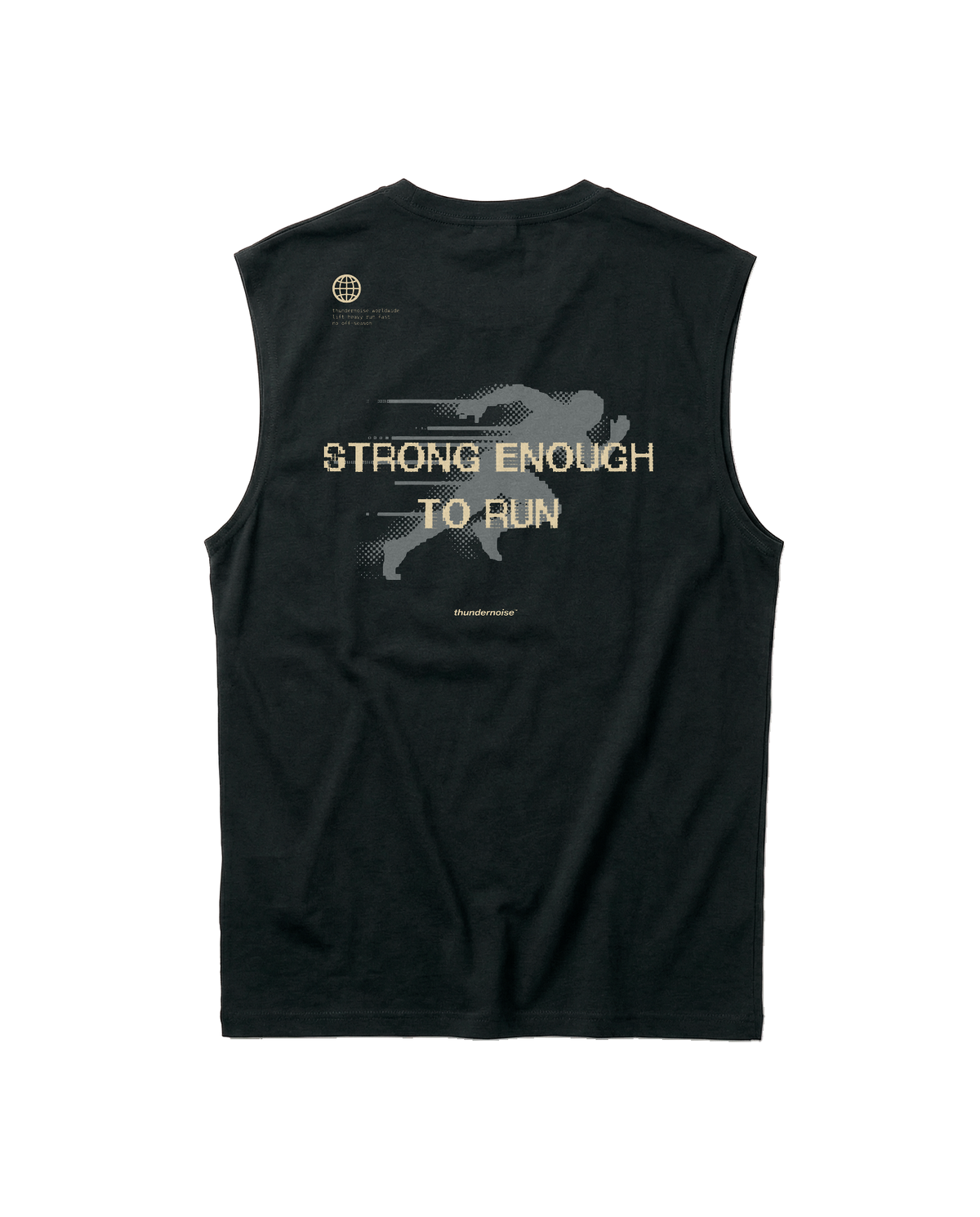 Strong Enough to Run tank top in black — back print reading STRONG ENOUGH TO RUN over a halftone runner in sand and grey — View 1
