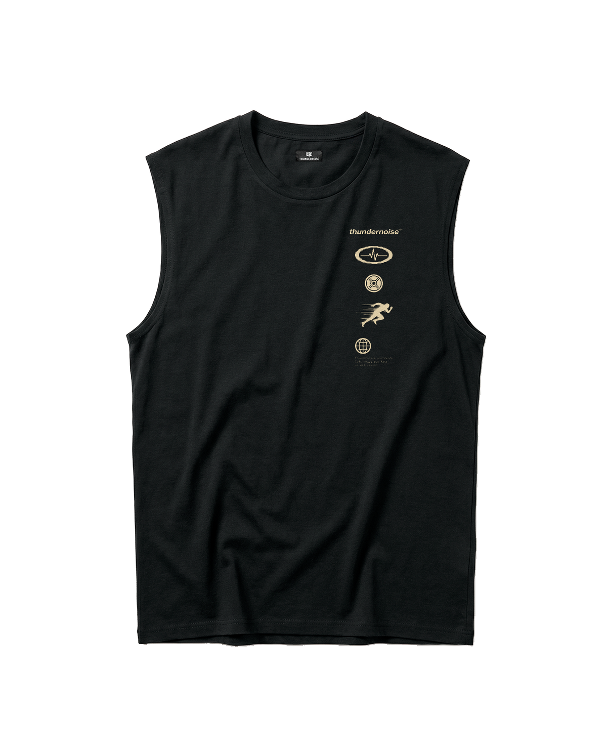 Strong Enough to Run tank top in black — front with the right-chest column of pulse, plate, sprinter and globe markers — View 5
