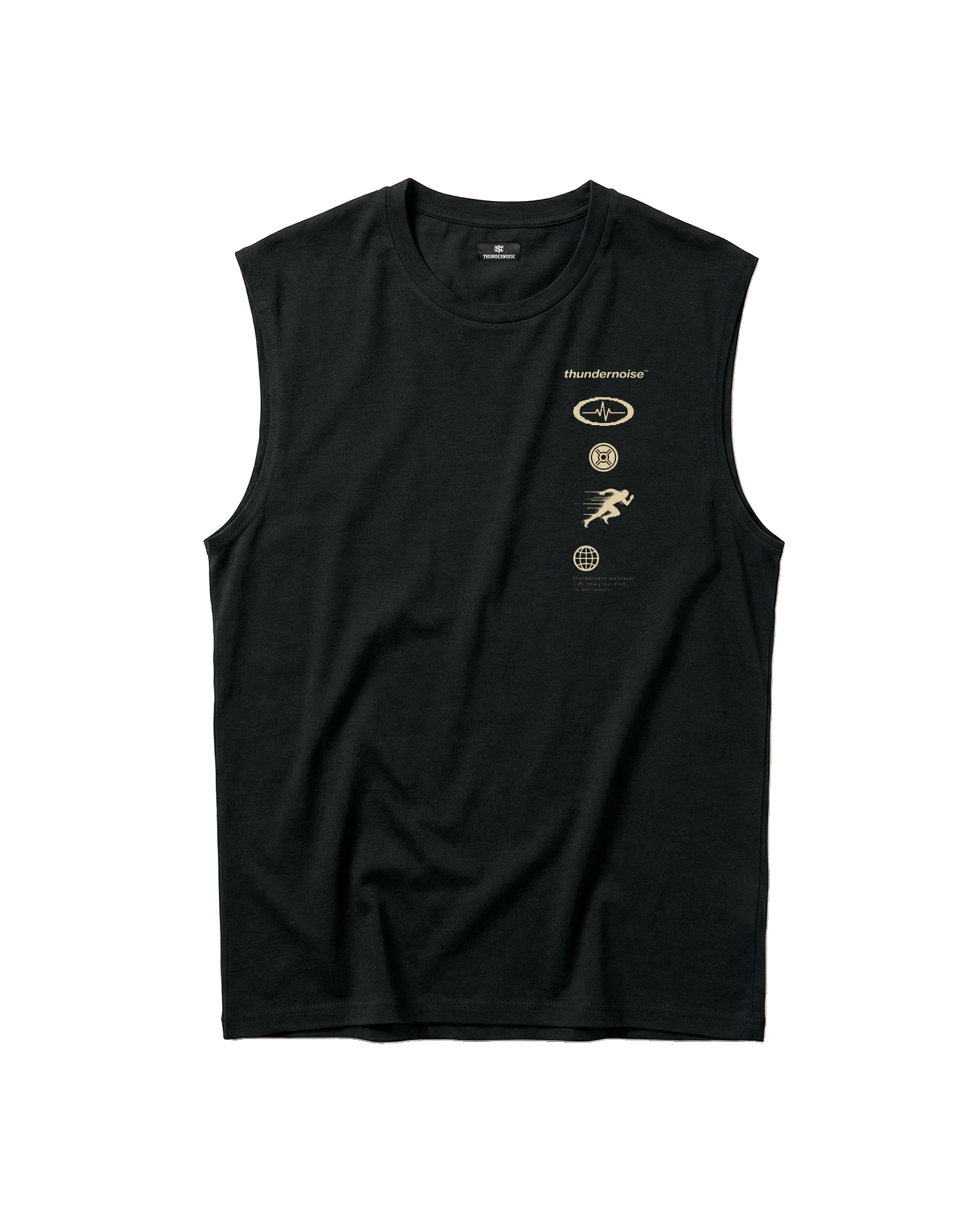 Strong Enough to Run tank top in black — front with the right-chest column of pulse, plate, sprinter and globe markers