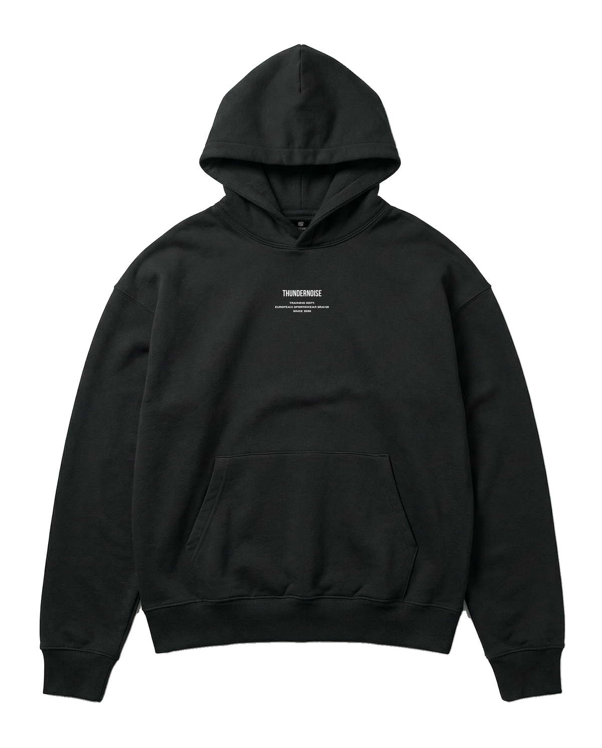 Today Was My Rest Day oversize hoodie in black — front with the compact Thundernoise chest mark in white — View 5
