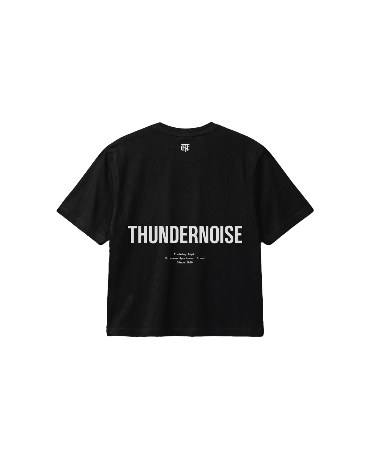 Training Dept. triblend cropped t-shirt in black — back with the TN monogram at the neck and a large THUNDERNOISE wordmark — View 1
