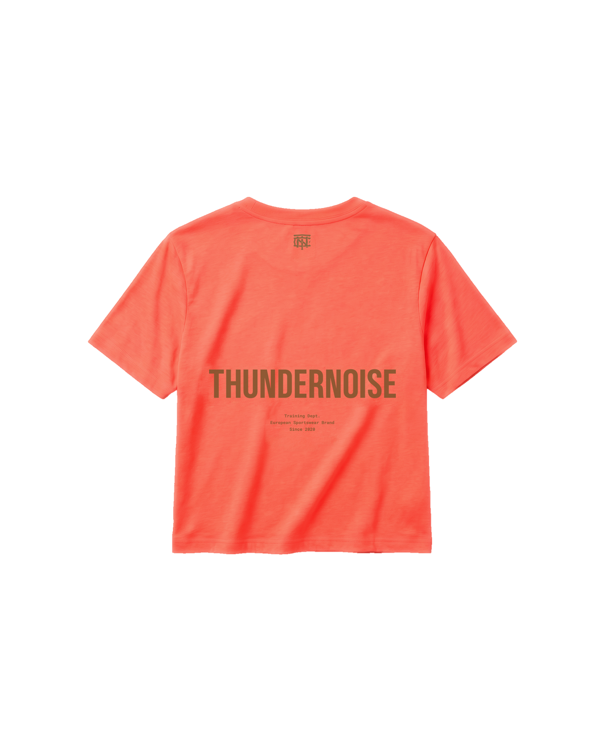 Training Dept. triblend cropped t-shirt in coral — back with the TN monogram at the neck and a large THUNDERNOISE wordmark — View 1
