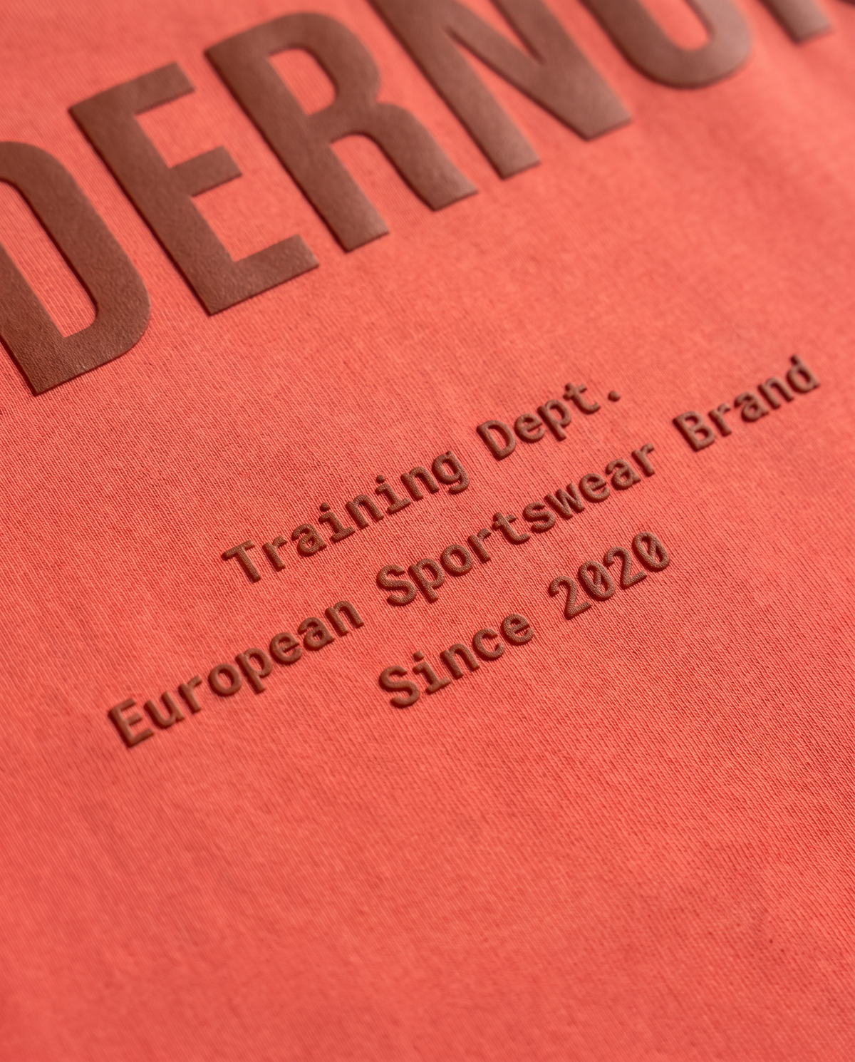 Training Dept. triblend cropped t-shirt in coral — close-up of the raised high-density print on the back — View 5
